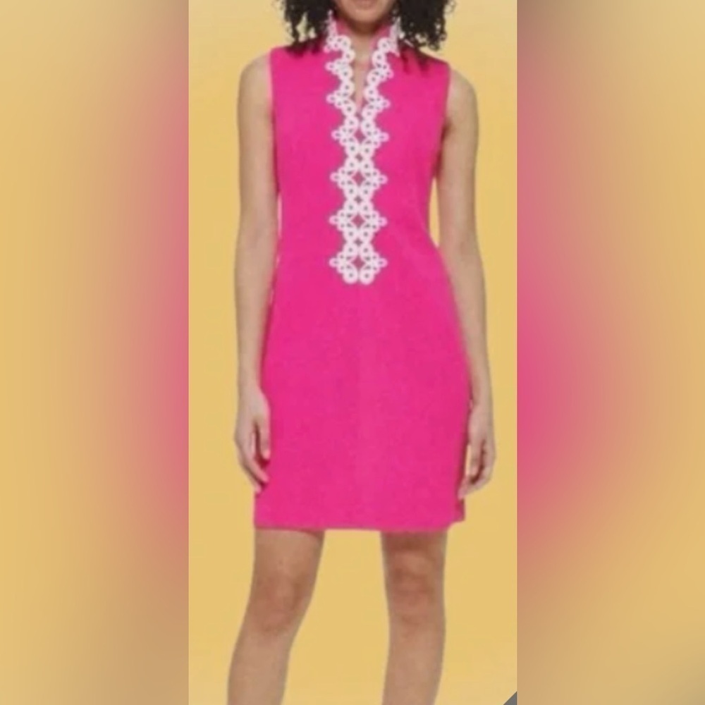 Vince Camuto Nwt  Barbiecore Dress Pink Sz 16 Sleeveless White Lace Trim Stretch